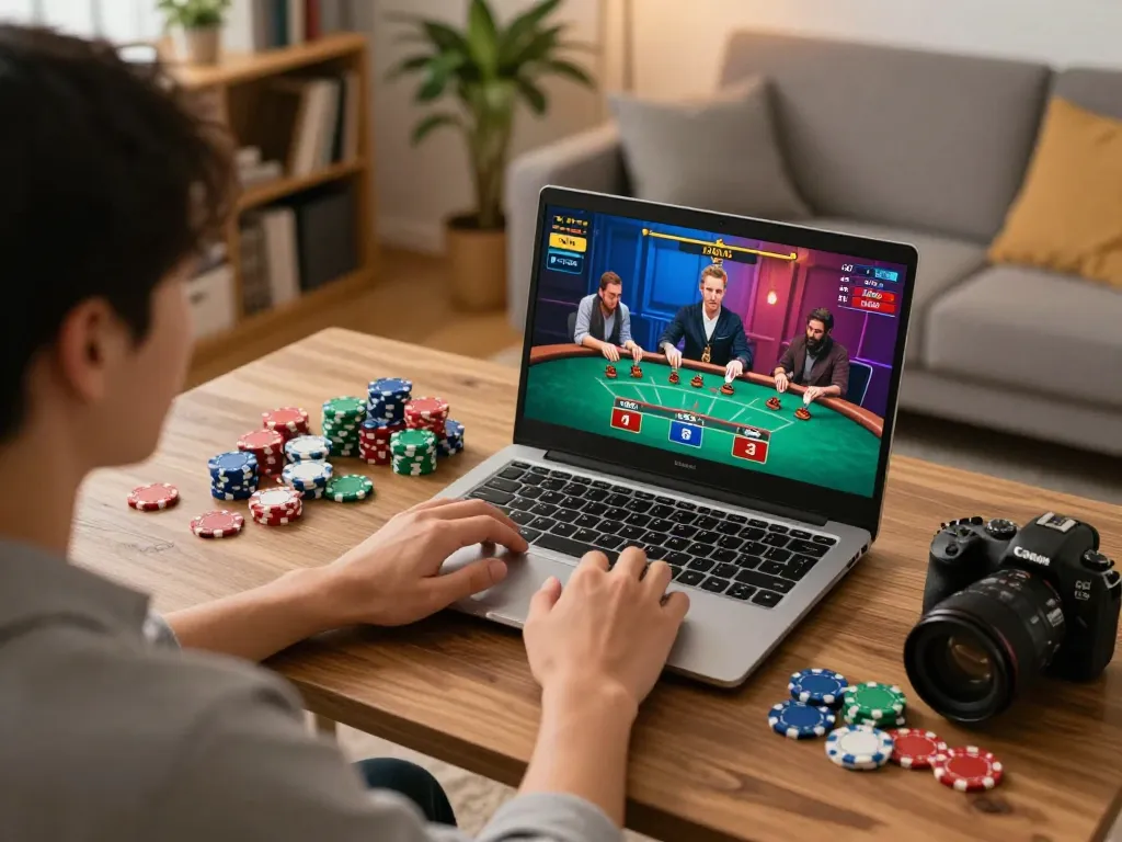 Engaging in online blackjack on laptop, showcasing 789win1 gaming experience in a cozy home environment
