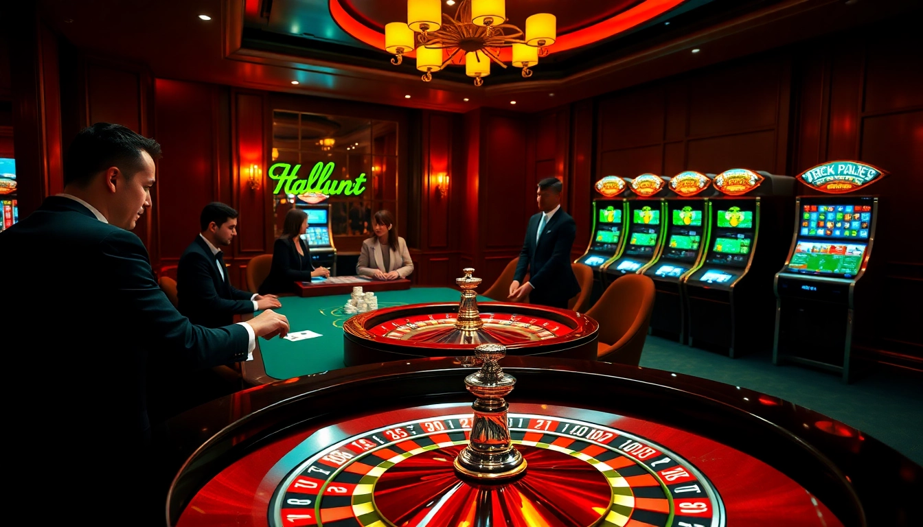 hitclub online gambling scene with roulette table, poker players, and vibrant slot machines