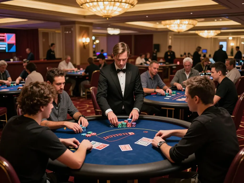 Players actively engaged in a poker game at 7M casino, showcasing excitement and strategy.