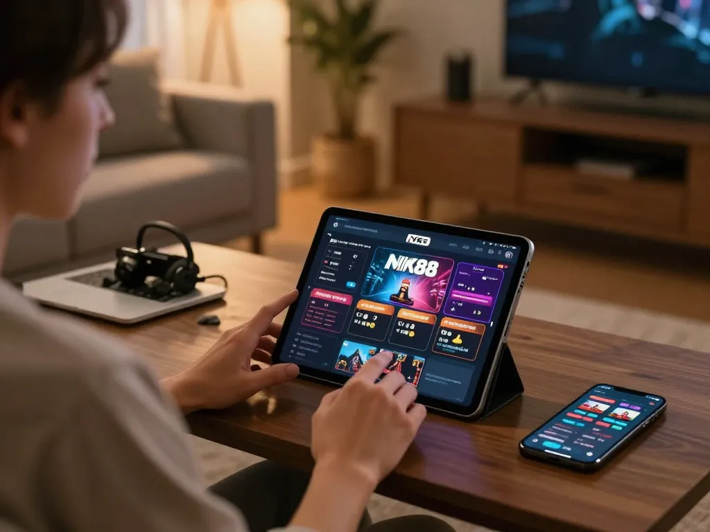 Player using the NK88 casino app on a tablet in a cozy home setting for strategic gaming.
