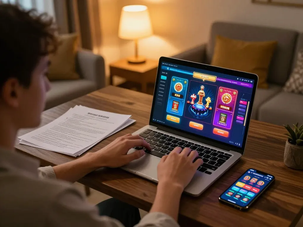 Person enjoying online gambling at home with nhacaiuytinn laptop screen showing poker gameplay
