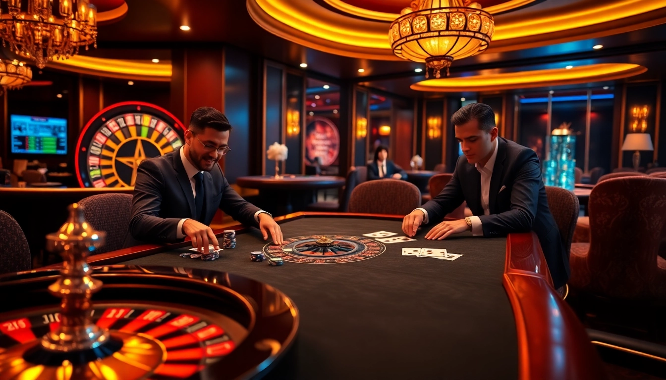 Professional high-stakes casino scene showcasing 65A poker players, chips, and roulette excitement.