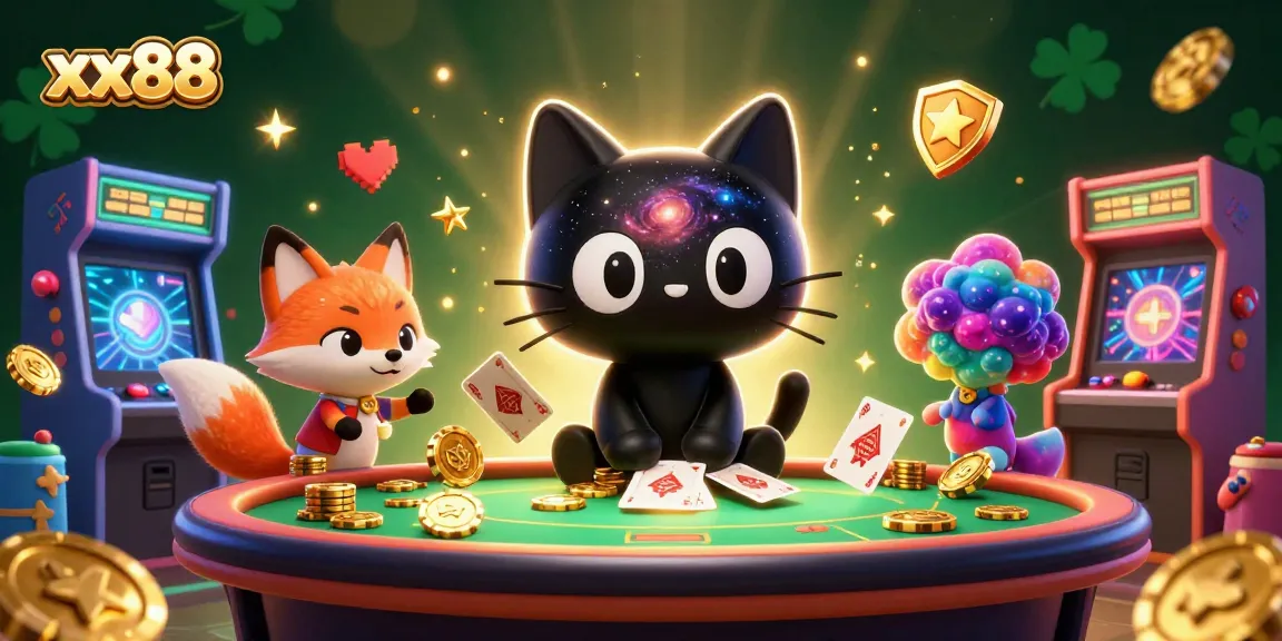Play thrilling games at xx88 featuring a cosmic casino table with enchanting characters and vibrant game elements.