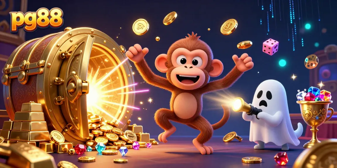 Experience thrilling gameplay with pg88, featuring a playful poltergeist monkey and a ghost-hunter puppy in a lively casino.