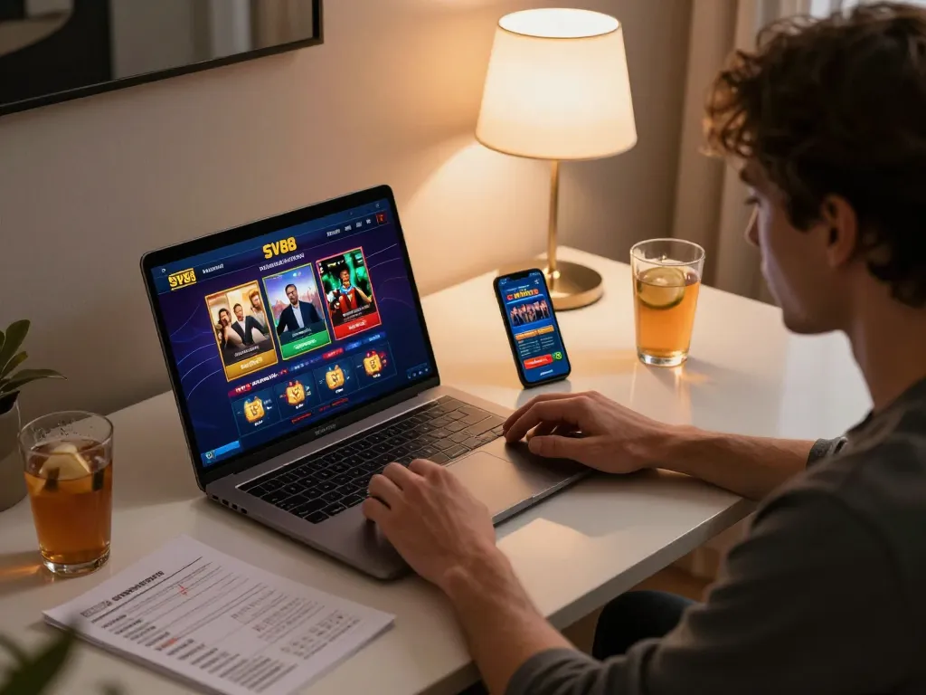 Engaged player enjoying SV88 online casino on laptop and smartphone in cozy workspace.
