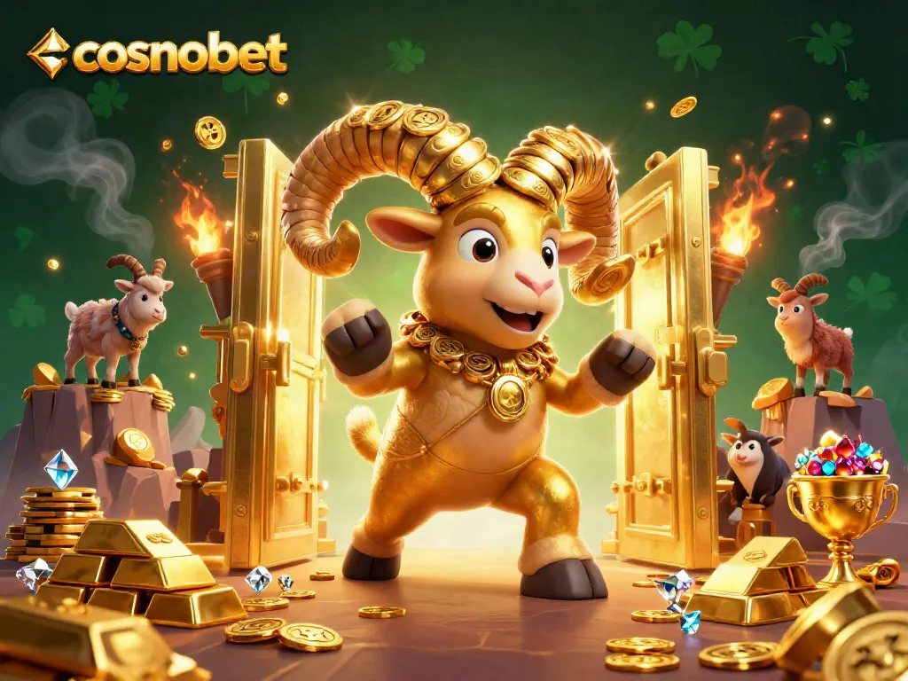 Experience the thrilling cosmobet casino with the mighty golden ram charging through treasures and excitement.
