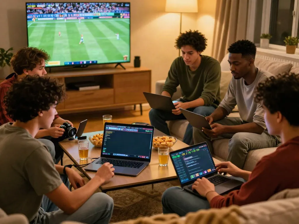 Friends enjoying sports betting on 11bet.com in a cozy living room, creating an engaging atmosphere.