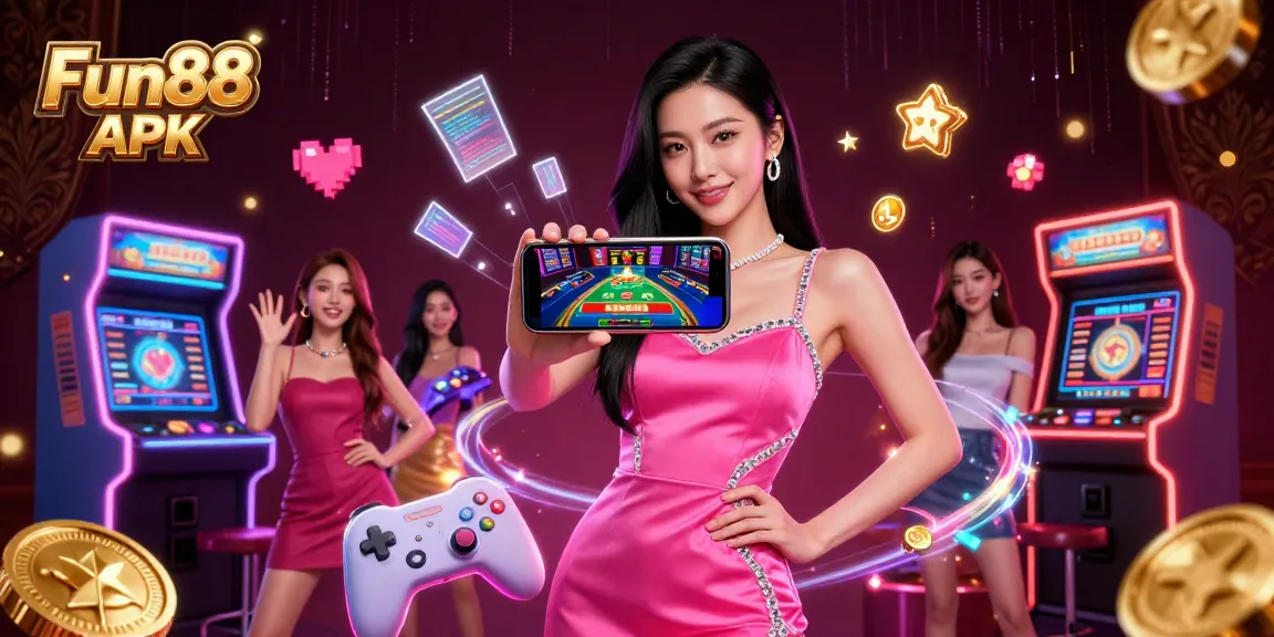Experience Fun88 APK with a stunning Asian woman engaging in live dealer games on her phone.