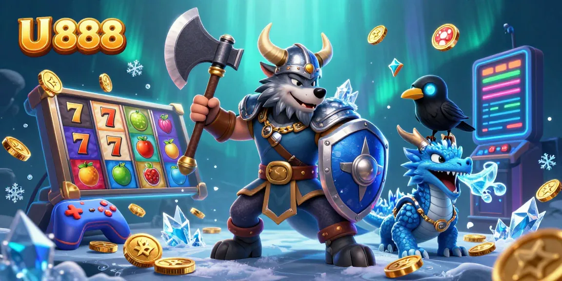 Engage with U 888's vibrant slot adventure featuring a Viking warrior, dragon, and brilliant gaming elements.