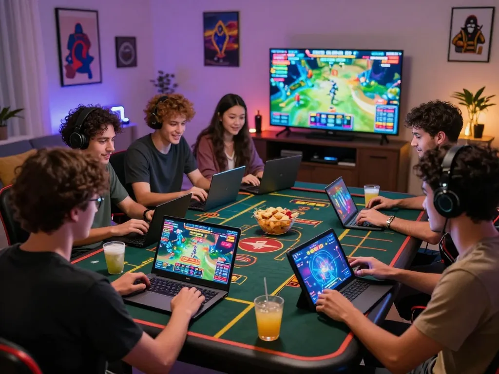 Engaged friends playing games at https://okwin68.net/, showcasing vibrant online casino atmosphere and lively interactions.
