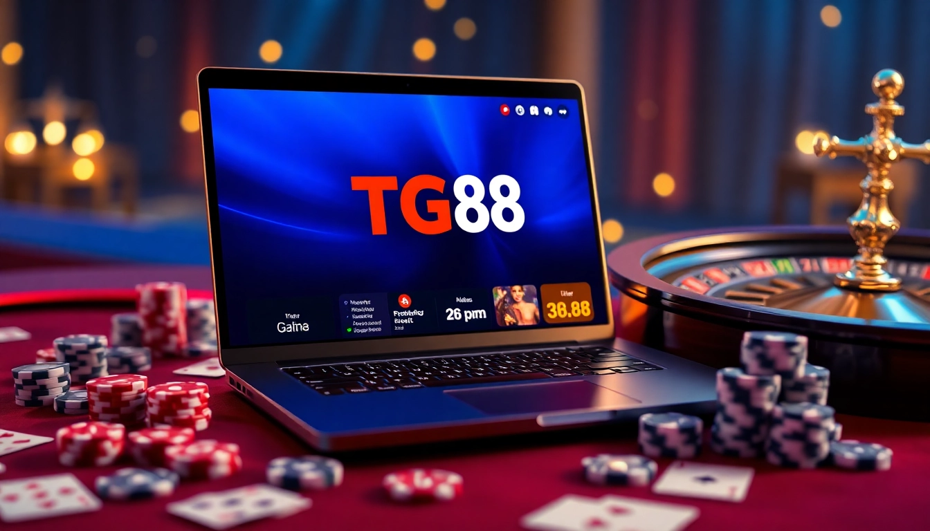 TG88 online casino experience showcasing poker chips and slot machines in a luxurious setting.