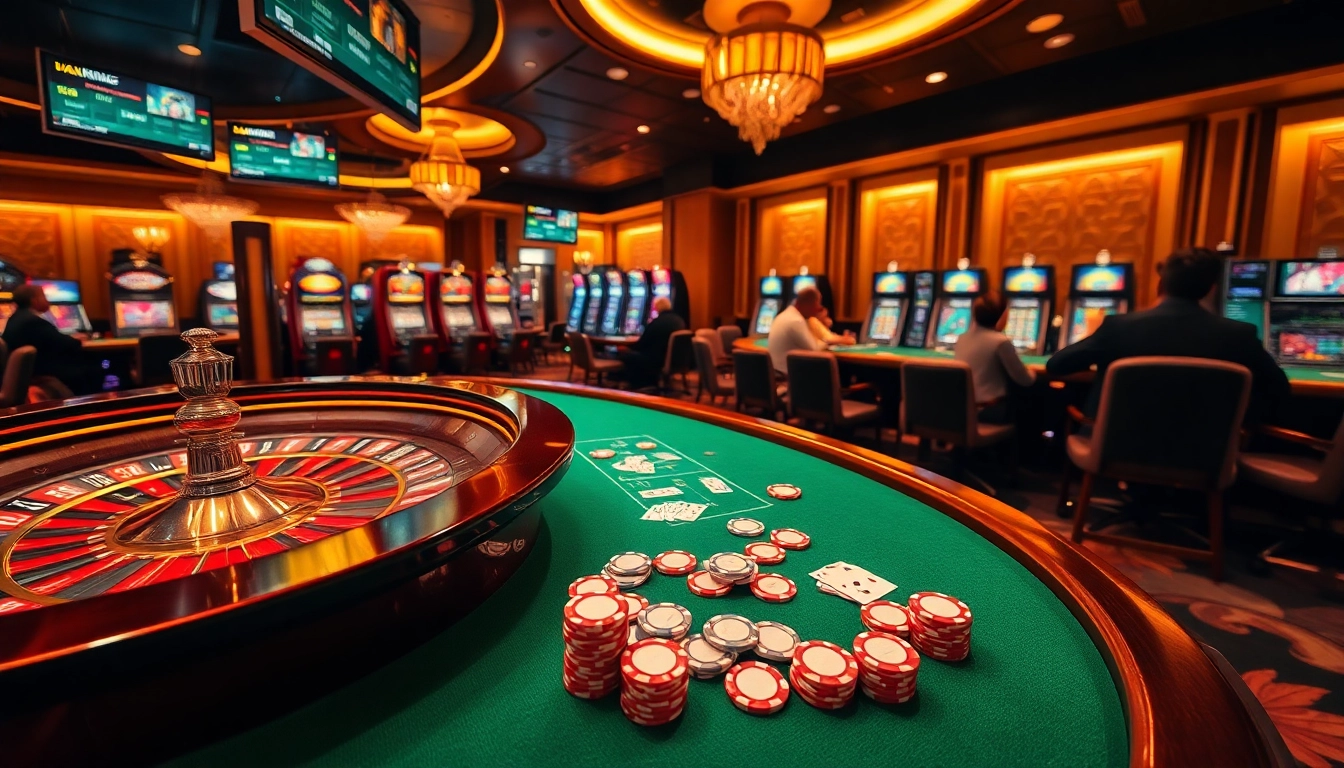 Players enjoying a thrilling game at https://f168.sarl/ casino, showcasing vibrant slot machines and poker tables.