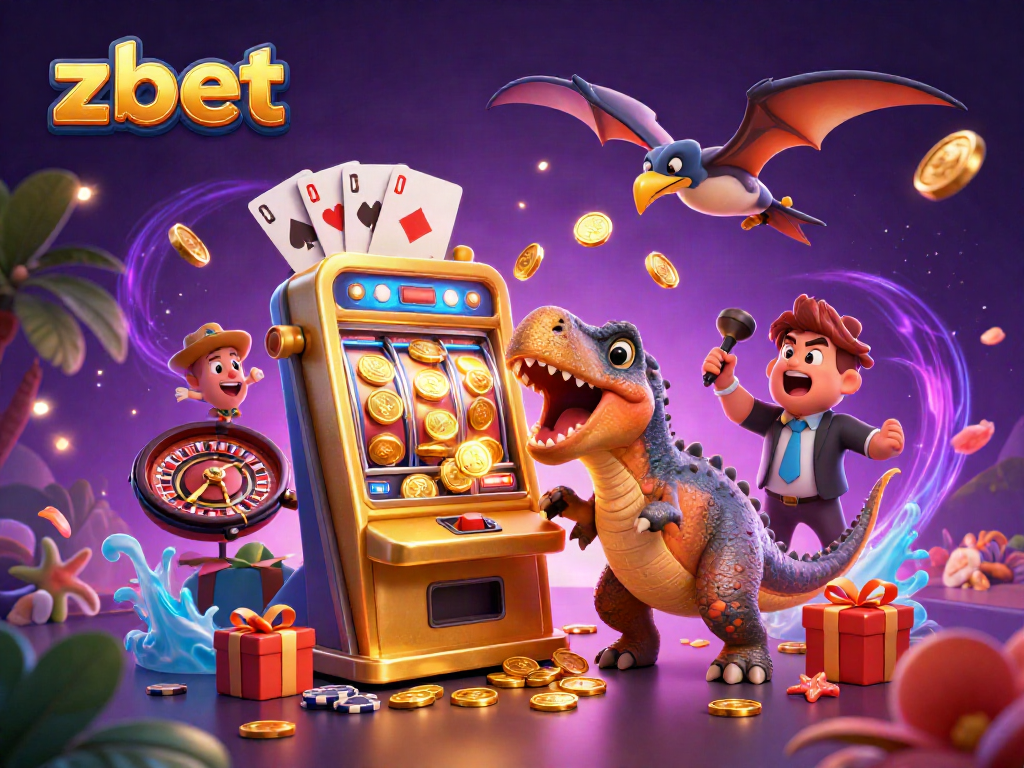 zbet slot machine jackpot illustrated with vibrant 3D characters and casino elements