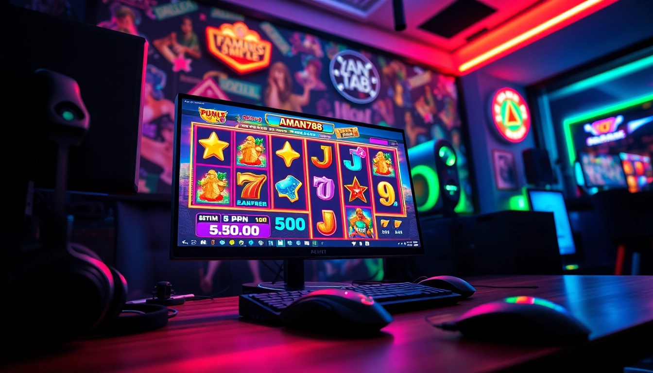A vibrant online gaming setup showcasing aman788 with colorful slot graphics.