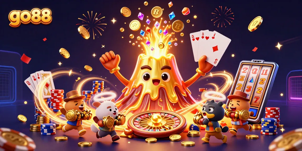 Experience go 88 thrills with treasures erupting from a golden volcano amidst casino excitement.
