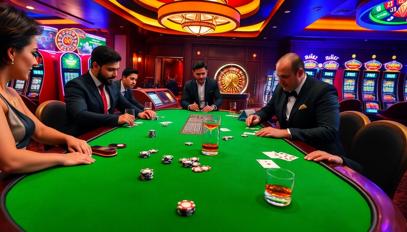 Engaged players strategizing over a ZBET poker table in a lively casino atmosphere.