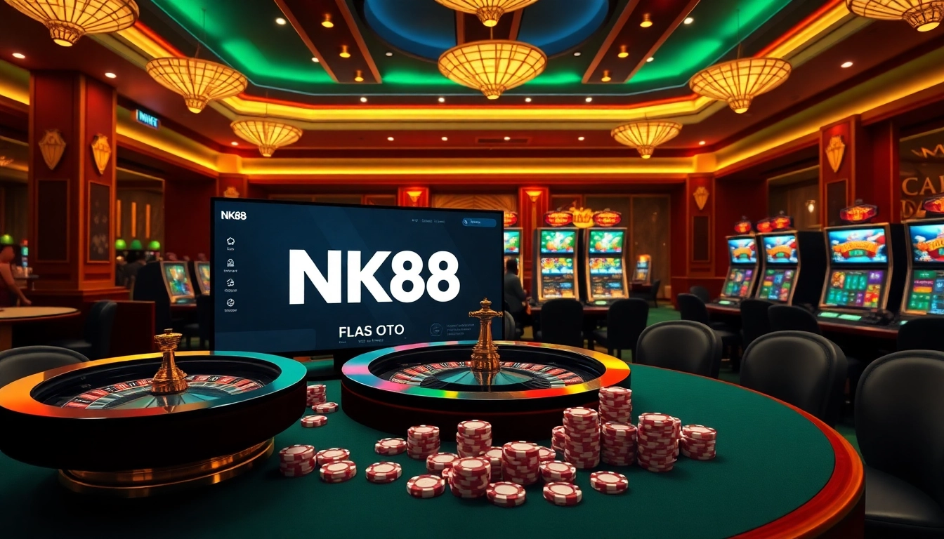NK88 platform showcasing vibrant online casino action with roulette and poker chips.