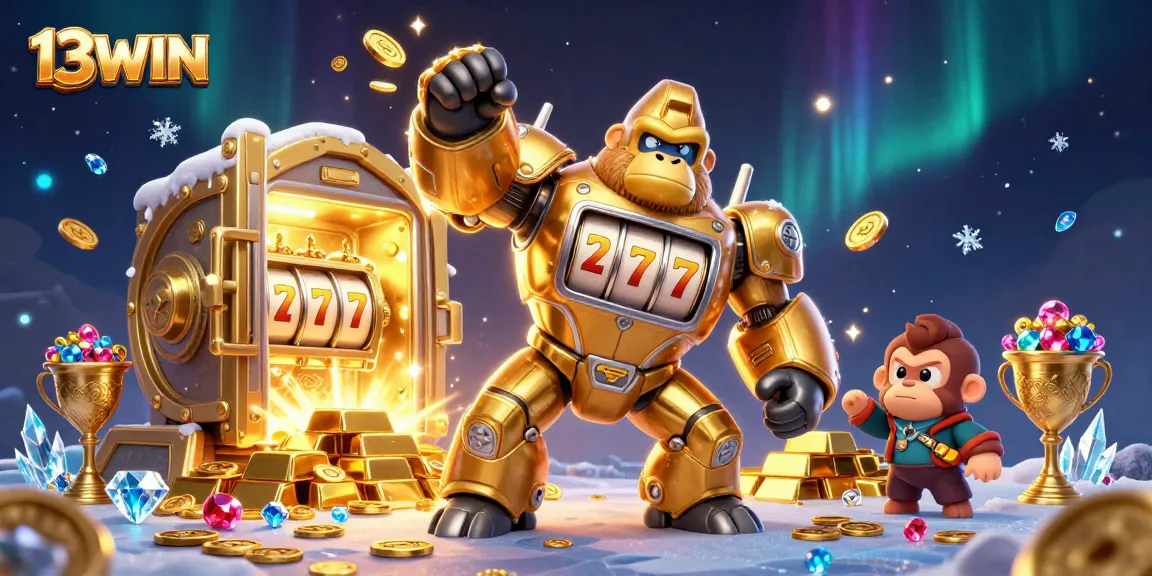 Experience thrilling action at 13WIN with a golden gorilla mech amidst treasures and slot symbols.