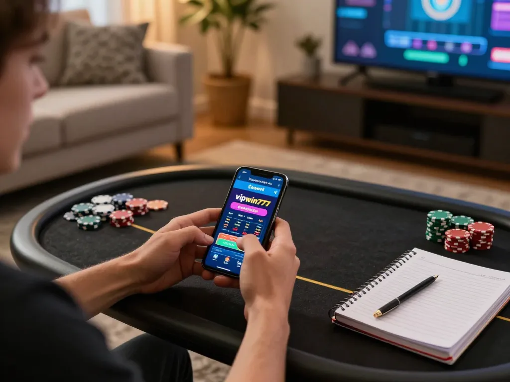 Engaging in online gaming at home with the vipwin777 app and poker chips.