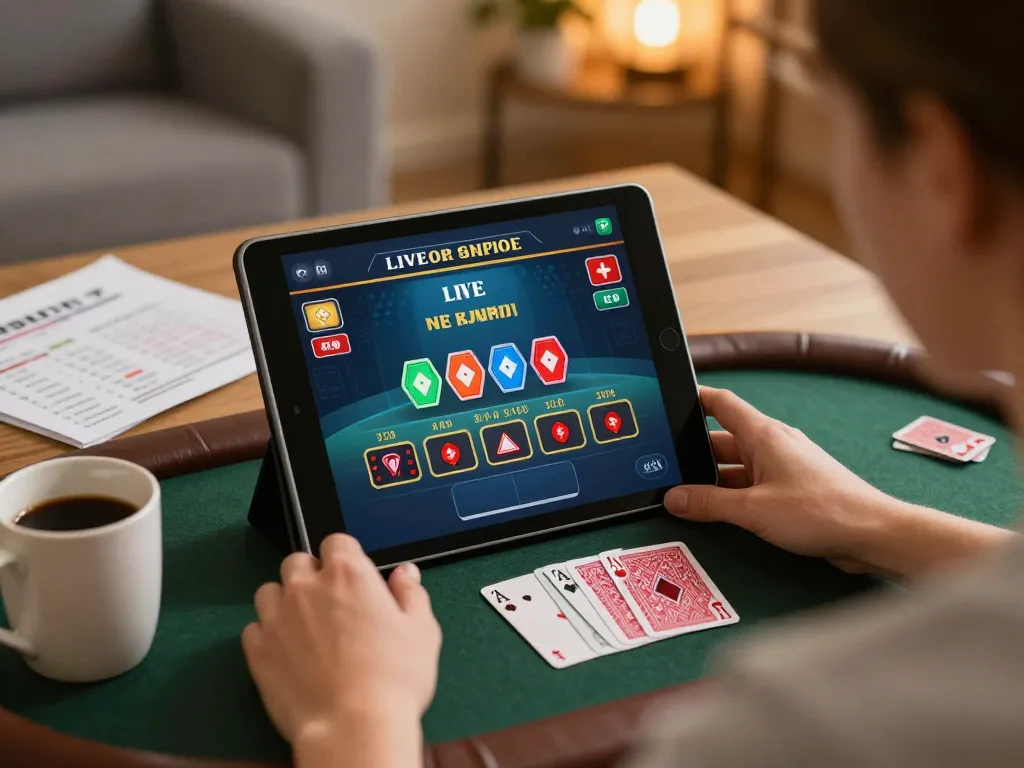 Engage in immersive 33win blackjack gameplay on a tablet at home, showcasing strategic betting.
