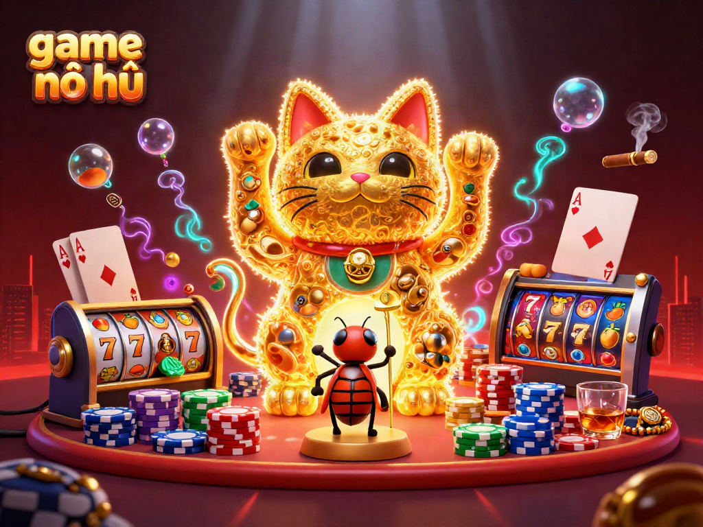 Experience game nổ hũ with golden fireflies in a vibrant casino scene featuring slot reels and lucky symbols.