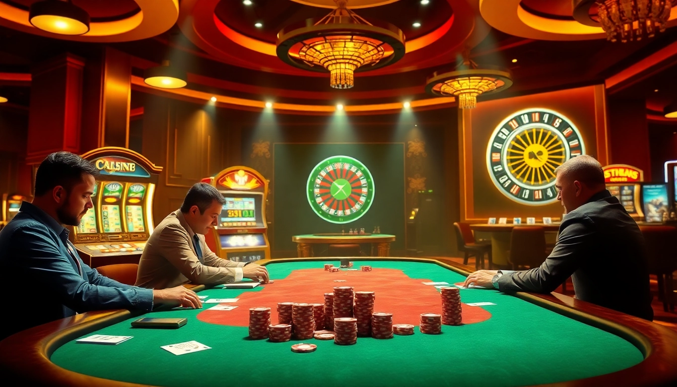 Experience the excitement of GG 88 as players engage in a high-stakes poker game surrounded by vibrant casino elements.