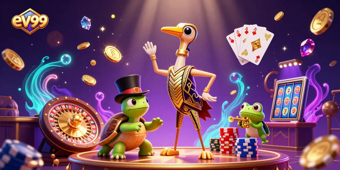 ev99 showcases a whimsical casino scene with a colorful crane, turtle, and frog among flying coins and a spinning roulette wheel.