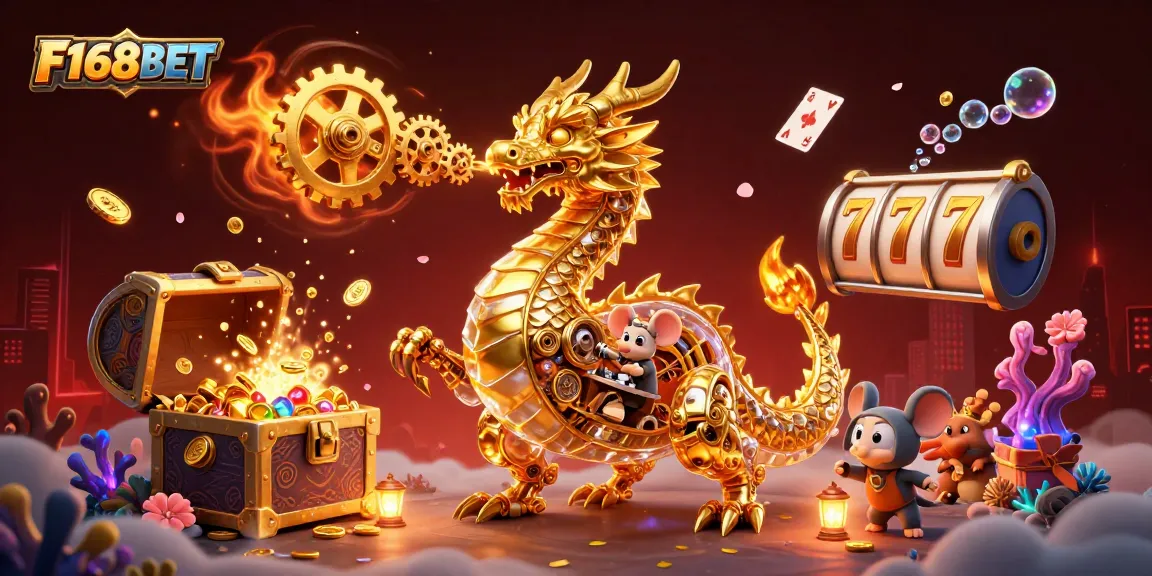 Experience F168BET's vibrant gaming world, where a golden dragon breathes gears amidst treasures and slot reels.