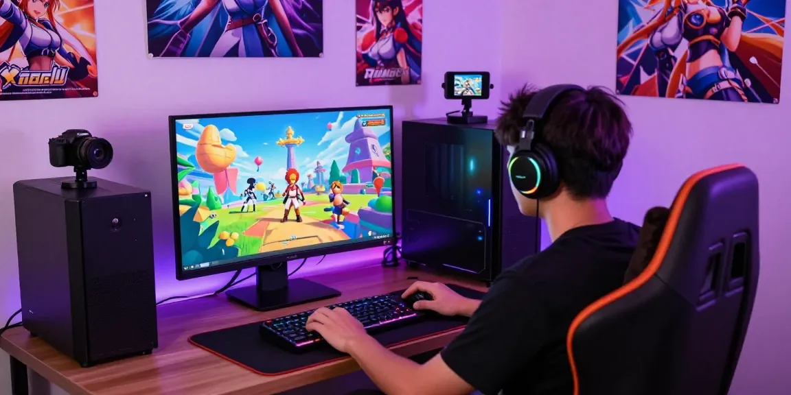 Playing ecchi games online with vibrant graphics and gaming setup.