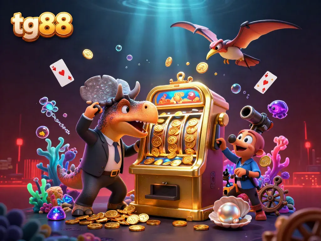 Experience exhilarating wins at tg88 with a vibrant casino scene featuring cartoon dinosaurs and golden jackpots.