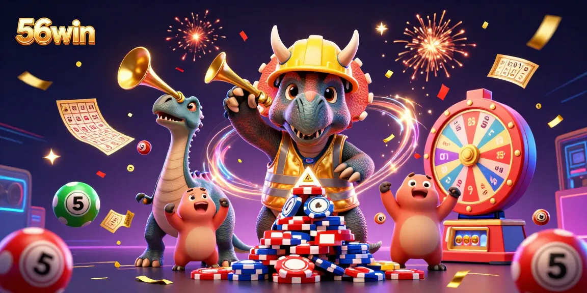 Join the fun at 56win as a triceratops builds poker chip pyramids in a festive casino scene.