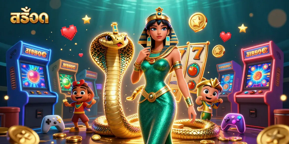 Play vibrant สล็อต games with an enchanting woman and golden cobra, featuring colorful slot reels.