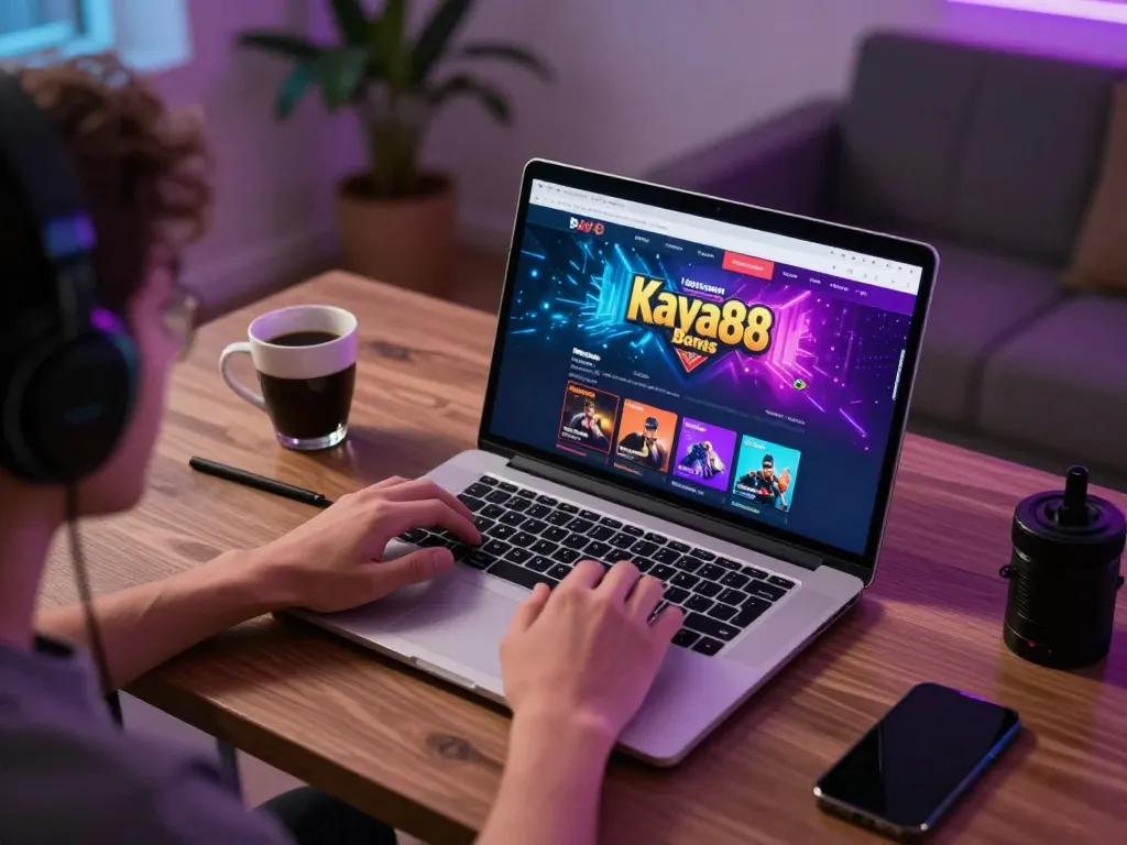 Engaging in kaya88 bonuses gameplay on a laptop in a cozy home setting