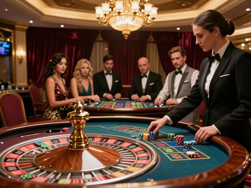 Players engaging at a roulette table in the NK88 casino, highlighting vibrant gaming action.