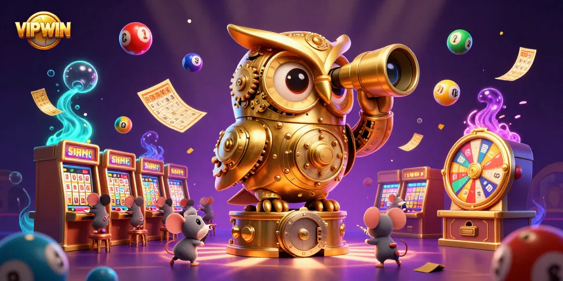 Engage in thrilling play at VIPWIN with our captivating casino scene featuring dynamic lottery elements and a golden owl.