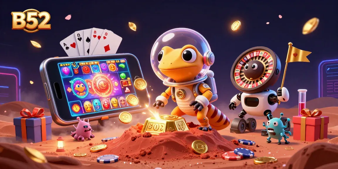 B52 casino adventure, Martian gecko exploring rich slot games and vibrant poker elements