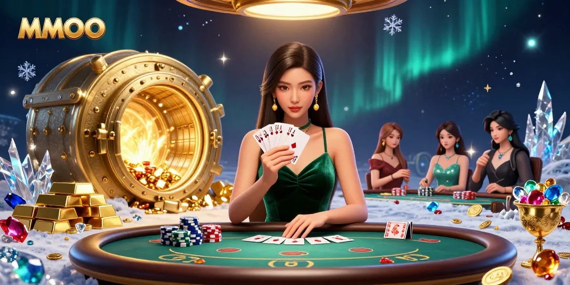 Experience the excitement of MMOO with a beautiful Asian poker player at a luxury table amidst sparkling treasures.