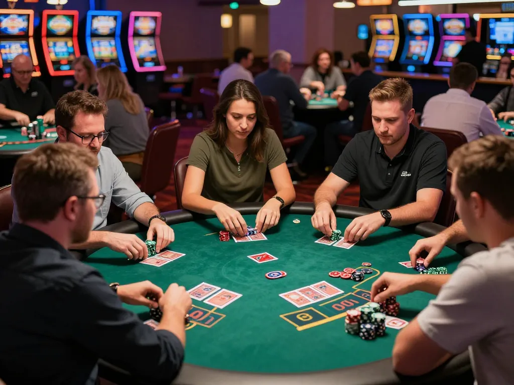 Players strategizing at a blackjack table, lc88an casino atmosphere brimming with excitement.