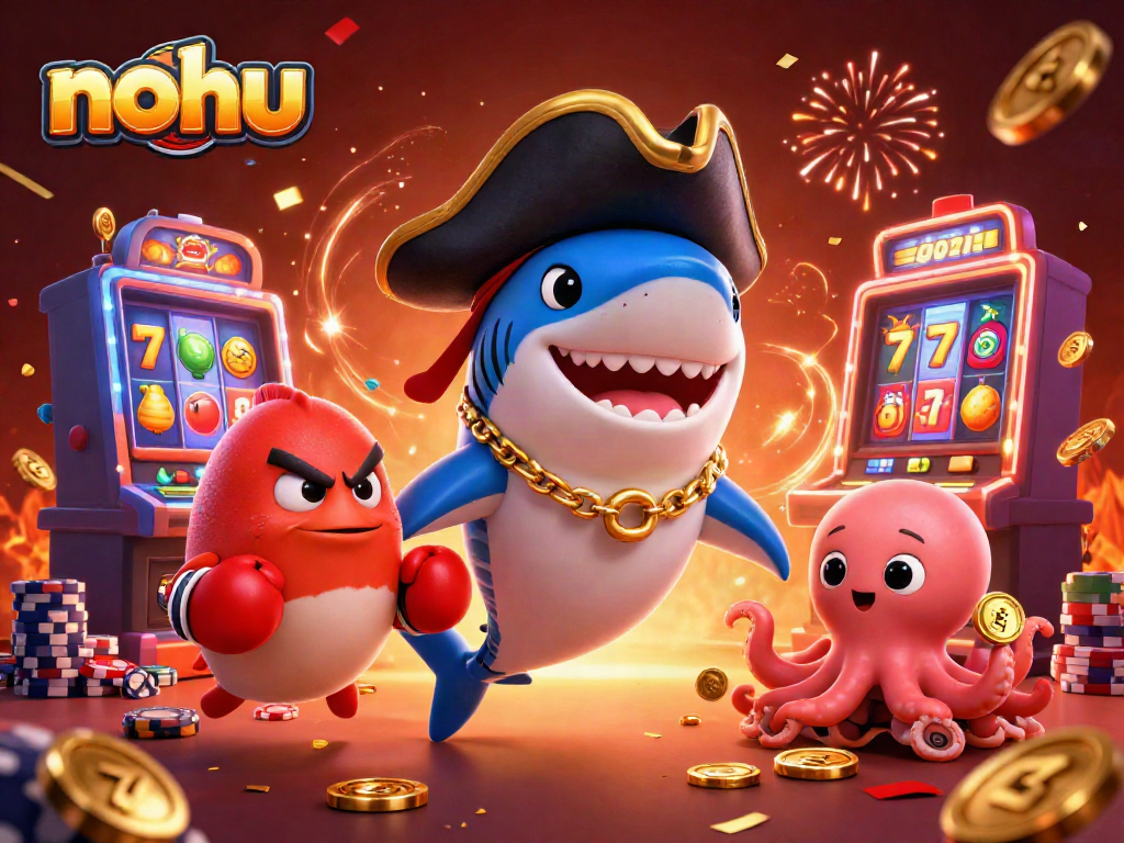 Nohu casino scene featuring a playful shark, pufferfish fighter, and octopus with coins, conveying excitement.