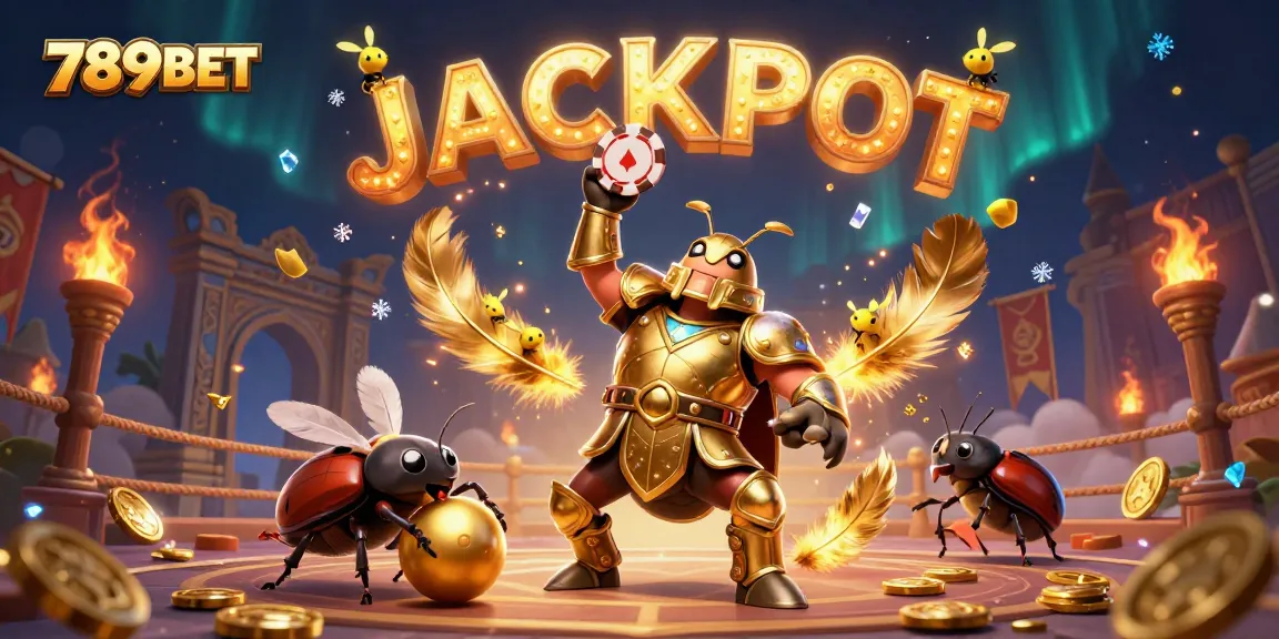 Experience thrilling gambling action with 789BET depicted in this vibrant 3D illustration, featuring a victorious beetle warrior!
