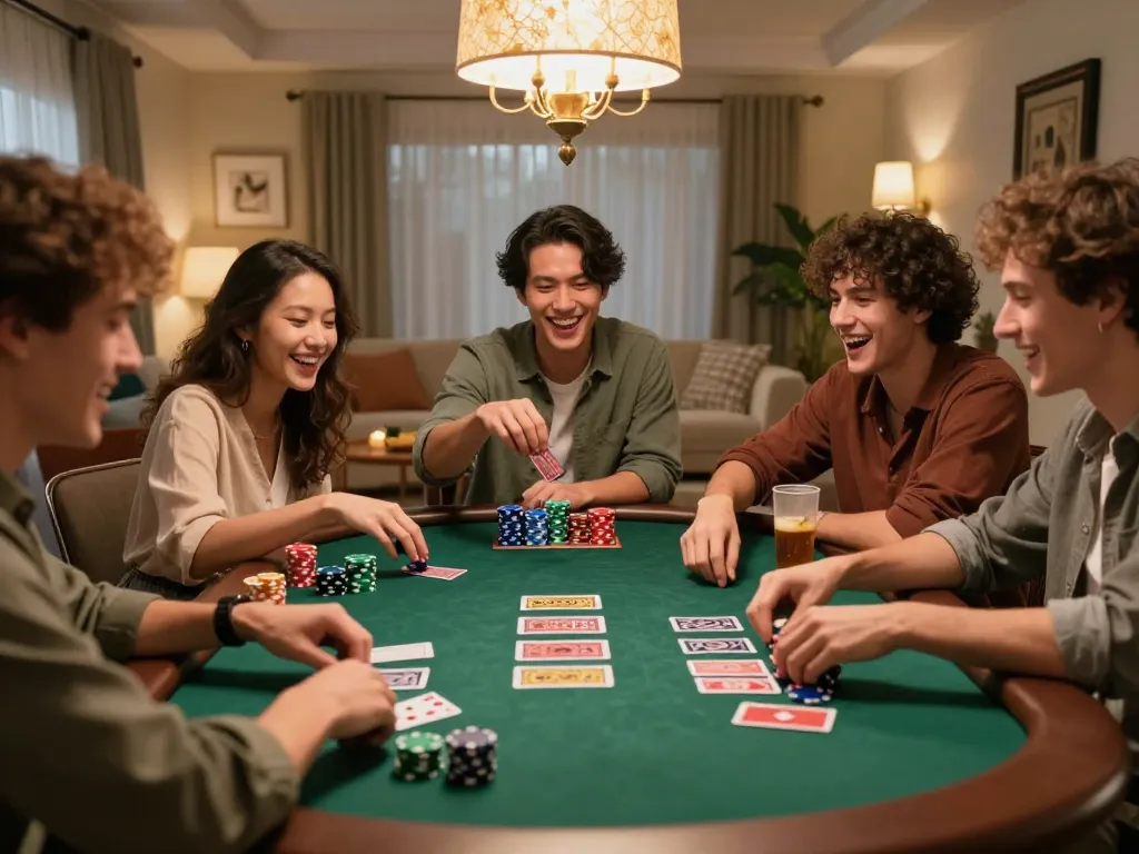KJC Coffee enhances the thrill of friendly blackjack games at home, featuring vibrant decor and warm lighting.
