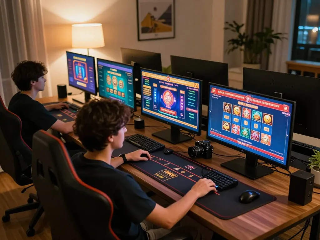 sunwin player engaging with online slots at a stylish gaming desk, focused atmosphere