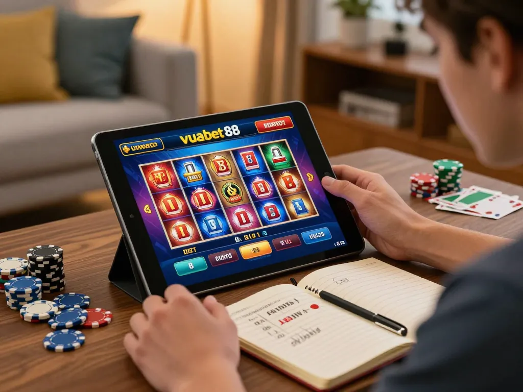 Engaging gameplay at Vuabet 88 on a tablet, showcasing exciting slot game action.