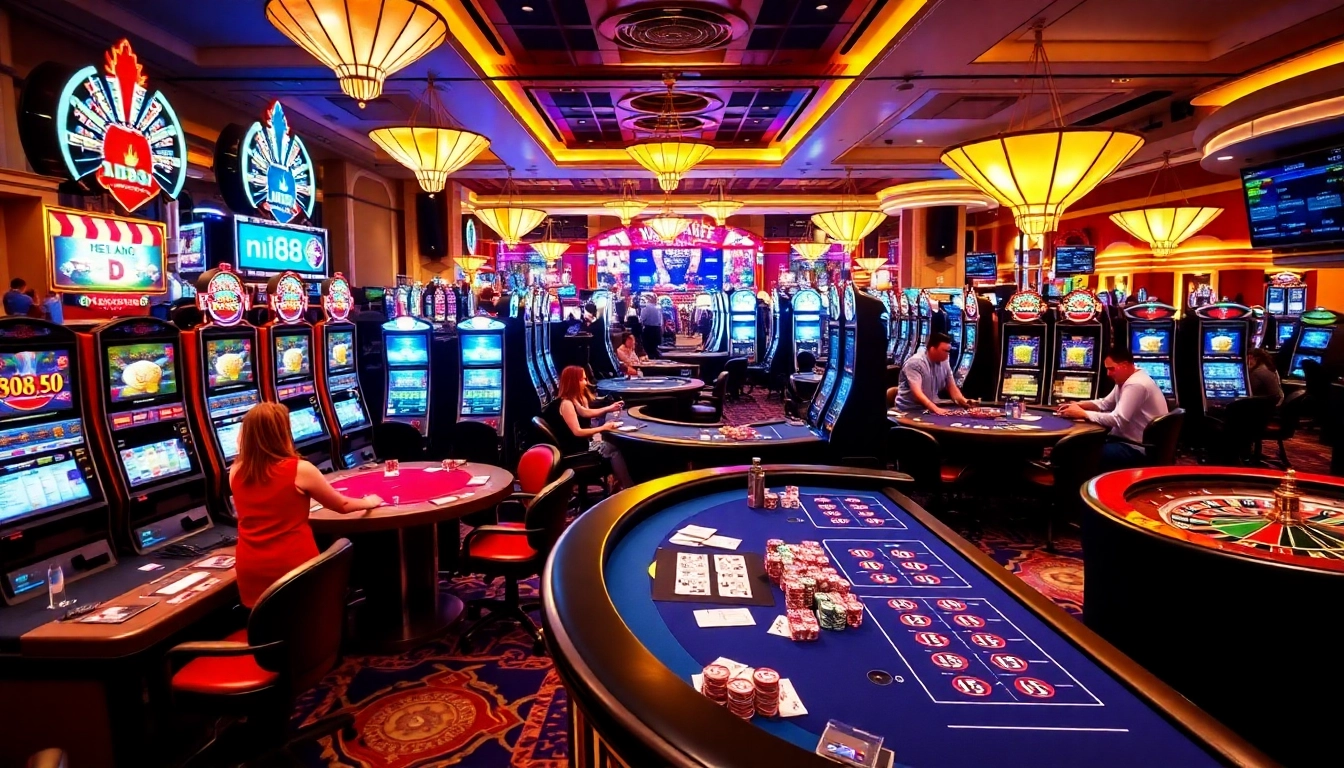 N188 online casino gaming scene with players at tables and vibrant slot machines.