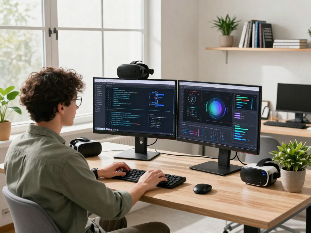 AI +18 workspace with dual screens showcasing algorithms and data visualizations in a bright, modern office setting.