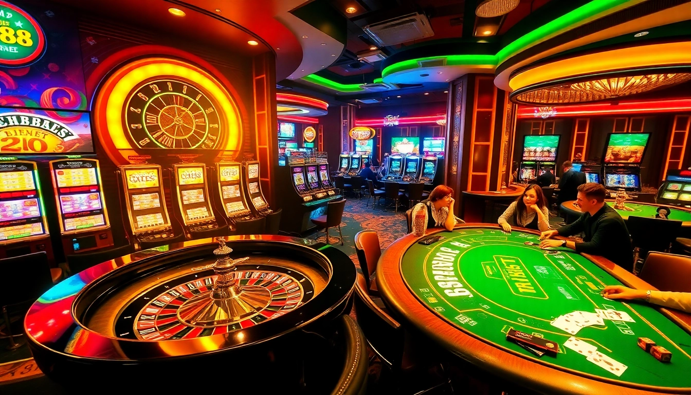 RR88 casino scene with glowing roulette wheel and engaged players at high-stakes poker tables.