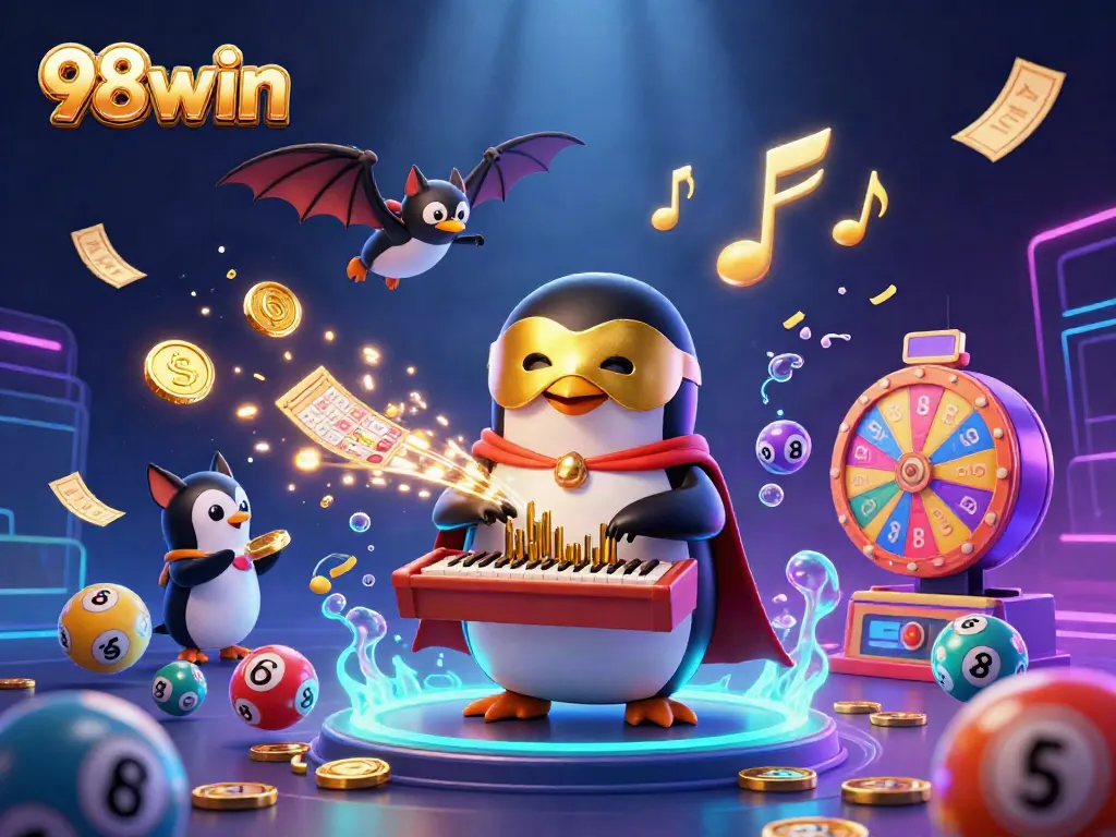 Engage in thrilling games at 98win with a captivating scene of a penguin and bat in action