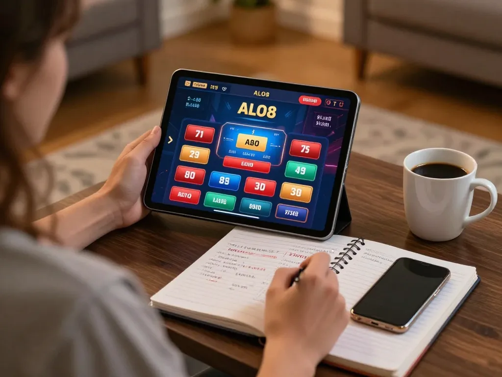 Engaged player enjoying ALO8 online casino experience with strategic notes in cozy setting.
