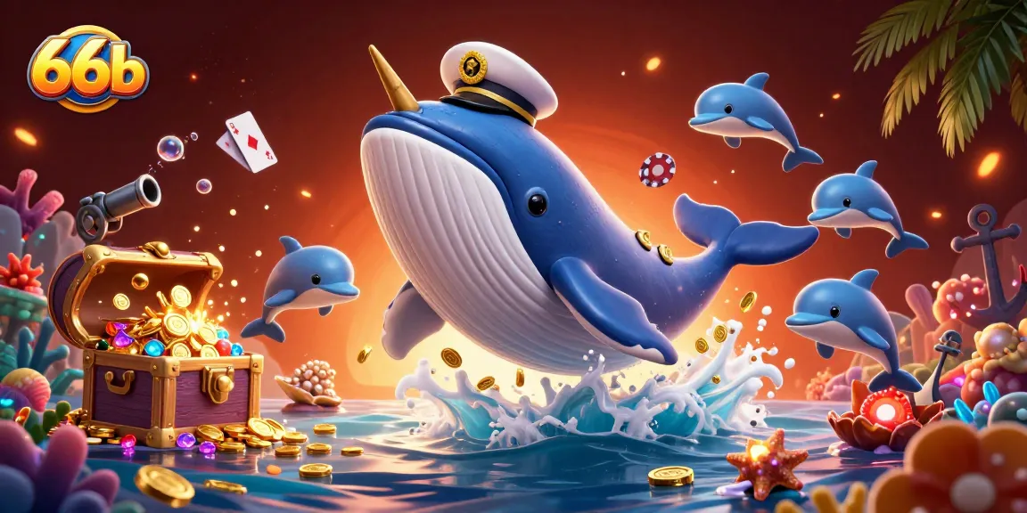 Engage with 66b-themed casino fun featuring a cartoon whale, playful dolphins, and poker chips.