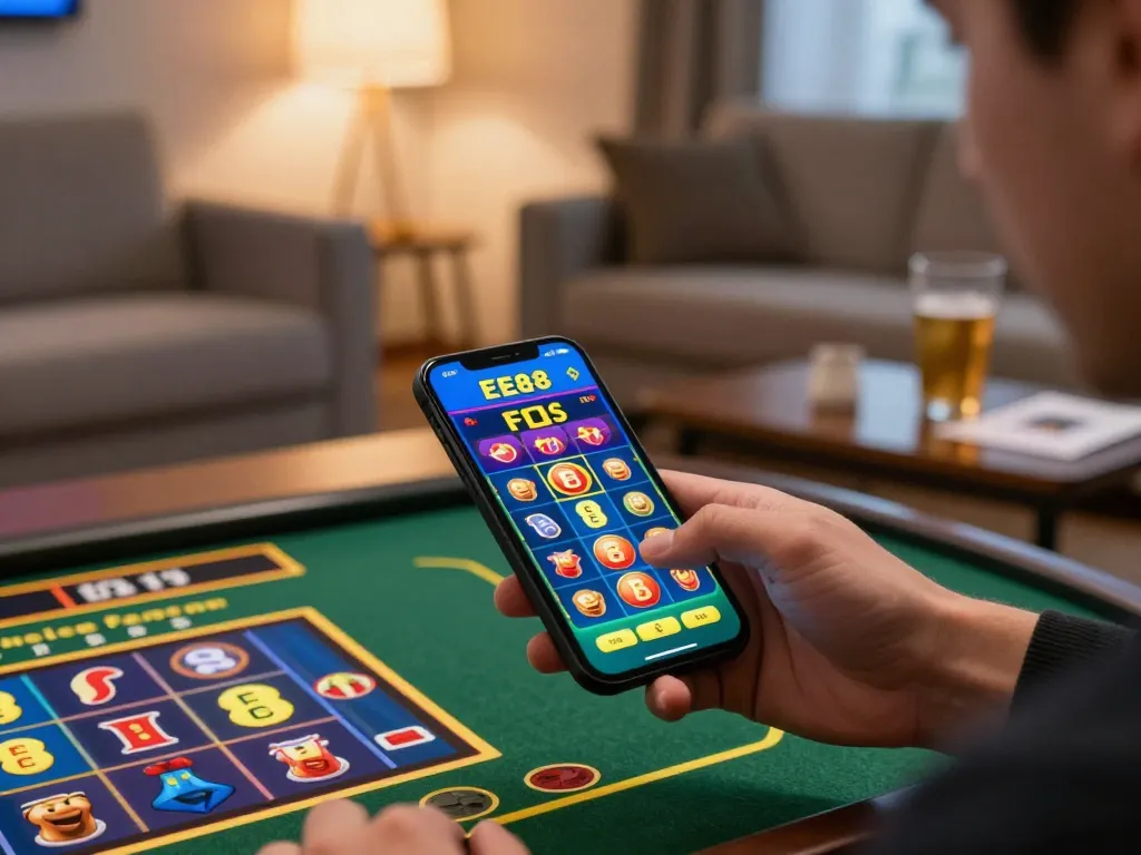 Engaging EE88 mobile gaming scene showcasing a player betting on an app with a cozy home atmosphere.